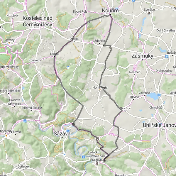 Mapa miniatúra "Kouřim - Molitorov" cyklistická inšpirácia v Střední Čechy, Czech Republic. Vygenerované cyklistickým plánovačom trás Tarmacs.app