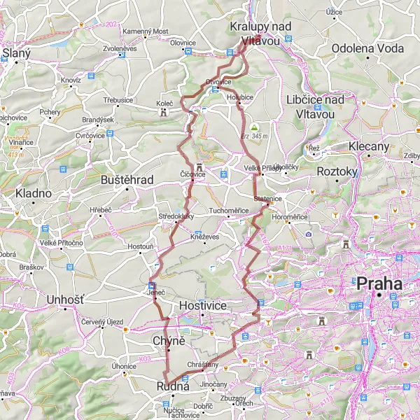 Miniaturní mapa "Gravelová cyklotrasa kolem Kralup nad Vltavou" inspirace pro cyklisty v oblasti Střední Čechy, Czech Republic. Vytvořeno pomocí plánovače tras Tarmacs.app