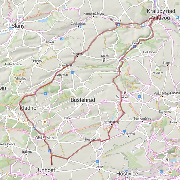 Miniaturní mapa "Gravelová cesta kolem Kralup nad Vltavou" inspirace pro cyklisty v oblasti Střední Čechy, Czech Republic. Vytvořeno pomocí plánovače tras Tarmacs.app