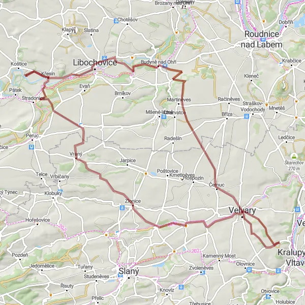 Miniaturní mapa "Gravelová cesta plná dobrodružství kolem Kralup nad Vltavou" inspirace pro cyklisty v oblasti Střední Čechy, Czech Republic. Vytvořeno pomocí plánovače tras Tarmacs.app