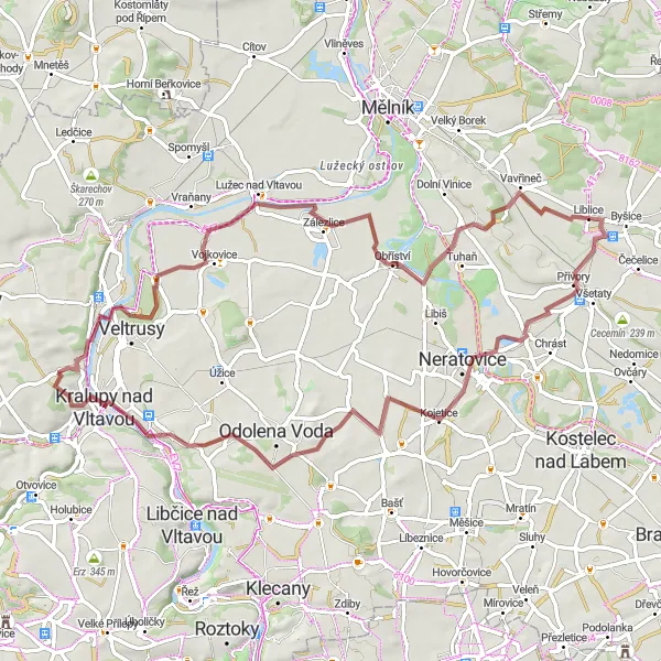 Miniaturní mapa "Půvabná gravelová trasa kolem Kralup nad Vltavou" inspirace pro cyklisty v oblasti Střední Čechy, Czech Republic. Vytvořeno pomocí plánovače tras Tarmacs.app