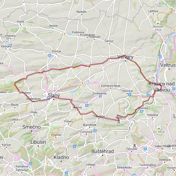 Miniaturní mapa "Gravelová cyklotrasa okolo Kralup nad Vltavou" inspirace pro cyklisty v oblasti Střední Čechy, Czech Republic. Vytvořeno pomocí plánovače tras Tarmacs.app