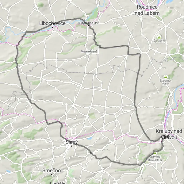 Mapa miniatúra "Scenic road trasa okolo Kralupy nad Vltavou" cyklistická inšpirácia v Střední Čechy, Czech Republic. Vygenerované cyklistickým plánovačom trás Tarmacs.app