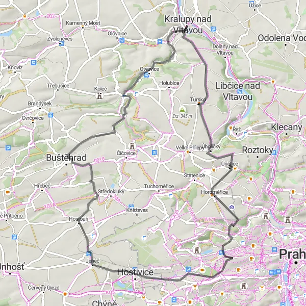 Miniaturní mapa "Cesta plná přírodních kouzel kolem Kralup nad Vltavou" inspirace pro cyklisty v oblasti Střední Čechy, Czech Republic. Vytvořeno pomocí plánovače tras Tarmacs.app