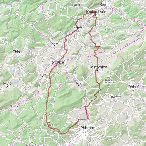 Miniaturní mapa "Málkov a Houpák Gravel Expedition" inspirace pro cyklisty v oblasti Střední Čechy, Czech Republic. Vytvořeno pomocí plánovače tras Tarmacs.app