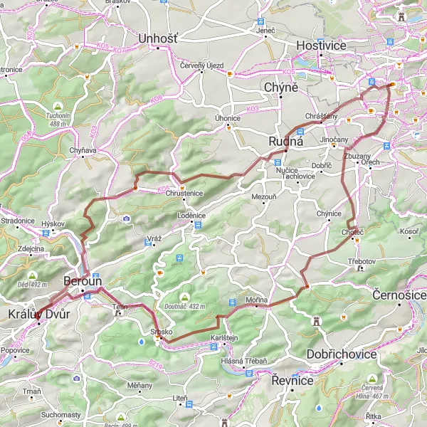 Miniaturní mapa "Trasa skrz přírodu" inspirace pro cyklisty v oblasti Střední Čechy, Czech Republic. Vytvořeno pomocí plánovače tras Tarmacs.app