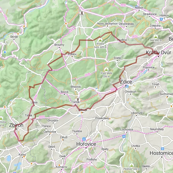 Miniaturní mapa "Trubín a Točník Gravel Tour" inspirace pro cyklisty v oblasti Střední Čechy, Czech Republic. Vytvořeno pomocí plánovače tras Tarmacs.app