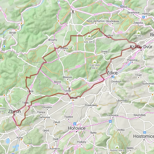 Map miniature of "Trubín and Śibenec Gravel Cycling Route" cycling inspiration in Střední Čechy, Czech Republic. Generated by Tarmacs.app cycling route planner