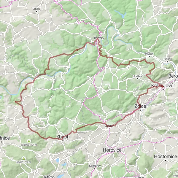 Mapa miniatúra "Gravelová výzva Středních Čech" cyklistická inšpirácia v Střední Čechy, Czech Republic. Vygenerované cyklistickým plánovačom trás Tarmacs.app