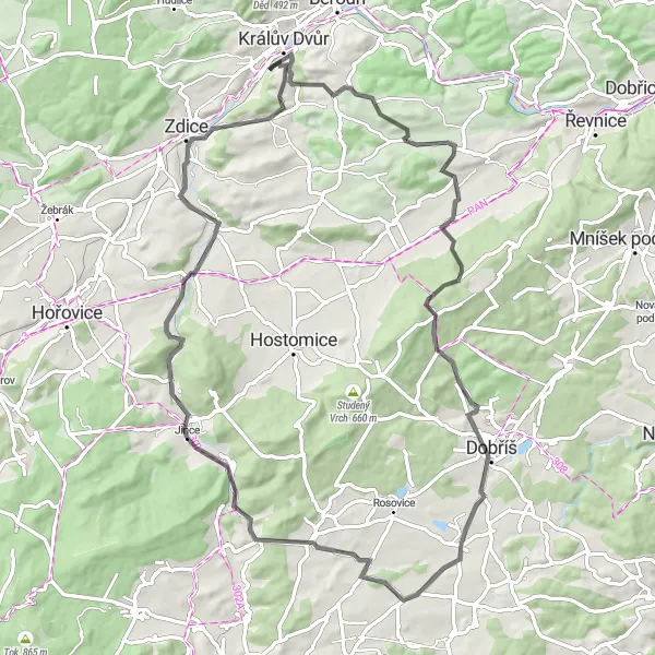 Map miniature of "Kraluv Dvur: A Road to Adventure" cycling inspiration in Střední Čechy, Czech Republic. Generated by Tarmacs.app cycling route planner