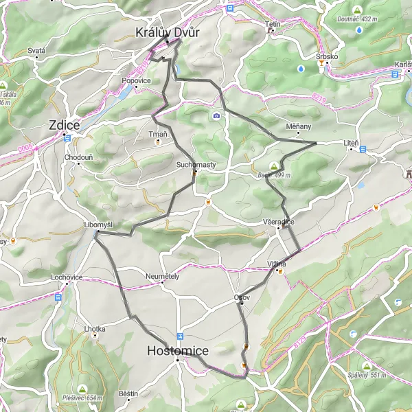 Mapa miniatúra "Okruh kolem Králově Dvora" cyklistická inšpirácia v Střední Čechy, Czech Republic. Vygenerované cyklistickým plánovačom trás Tarmacs.app