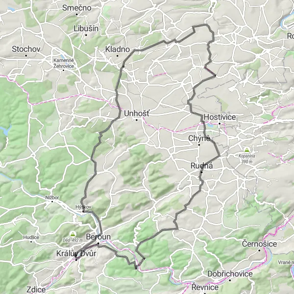 Map miniature of "Městská Hora and Libochovičky Road Cycling Route" cycling inspiration in Střední Čechy, Czech Republic. Generated by Tarmacs.app cycling route planner