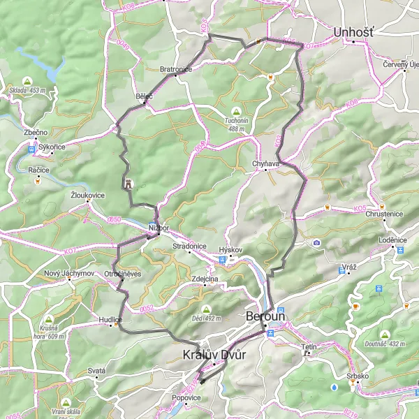 Miniaturní mapa "Otročiněves a Pilsen Gate Road Adventure" inspirace pro cyklisty v oblasti Střední Čechy, Czech Republic. Vytvořeno pomocí plánovače tras Tarmacs.app