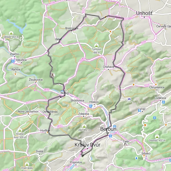 Mapa miniatúra "Okružní cesta kolem Králův Dvůr" cyklistická inšpirácia v Střední Čechy, Czech Republic. Vygenerované cyklistickým plánovačom trás Tarmacs.app