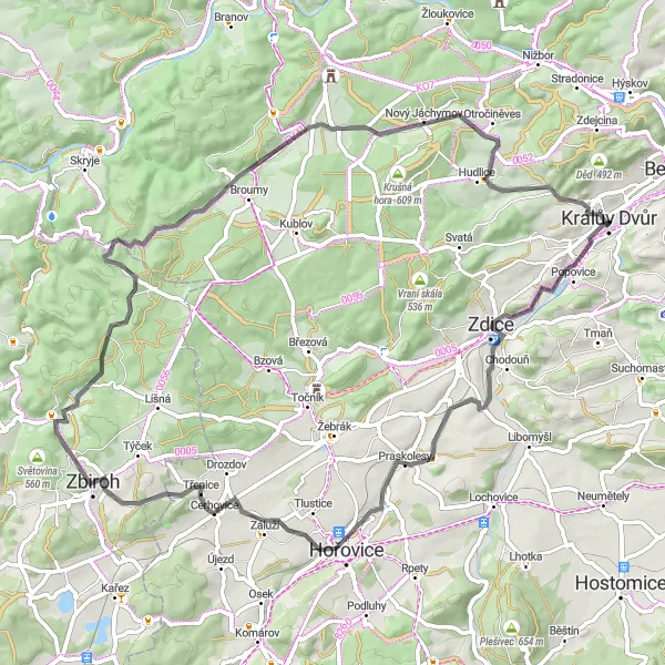 Map miniature of "Zdice and Třenická hora Road Cycling Route" cycling inspiration in Střední Čechy, Czech Republic. Generated by Tarmacs.app cycling route planner