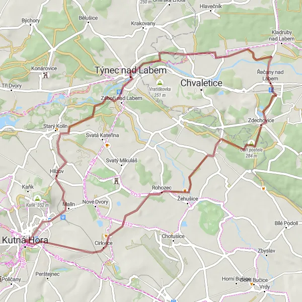Miniaturní mapa "Gravelová cesta přes okolí Kutné Hory" inspirace pro cyklisty v oblasti Střední Čechy, Czech Republic. Vytvořeno pomocí plánovače tras Tarmacs.app