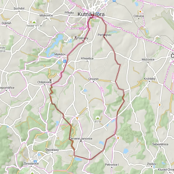 Map miniature of "The Short and Scenic Circuit" cycling inspiration in Střední Čechy, Czech Republic. Generated by Tarmacs.app cycling route planner