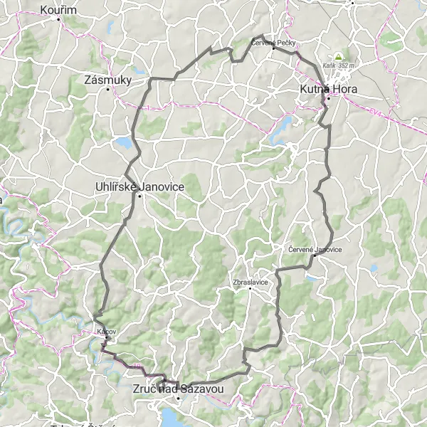 Miniaturní mapa "Kutnohrské hrady road" inspirace pro cyklisty v oblasti Střední Čechy, Czech Republic. Vytvořeno pomocí plánovače tras Tarmacs.app