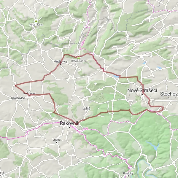 Miniaturní mapa "Gravelový okruh poblíž Lán" inspirace pro cyklisty v oblasti Střední Čechy, Czech Republic. Vytvořeno pomocí plánovače tras Tarmacs.app