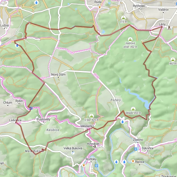 Miniaturní mapa "Kruhová cesta Sklada" inspirace pro cyklisty v oblasti Střední Čechy, Czech Republic. Vytvořeno pomocí plánovače tras Tarmacs.app