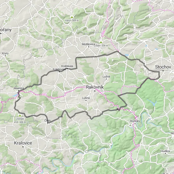 Miniaturní mapa "Cyklostezky podél cest" inspirace pro cyklisty v oblasti Střední Čechy, Czech Republic. Vytvořeno pomocí plánovače tras Tarmacs.app