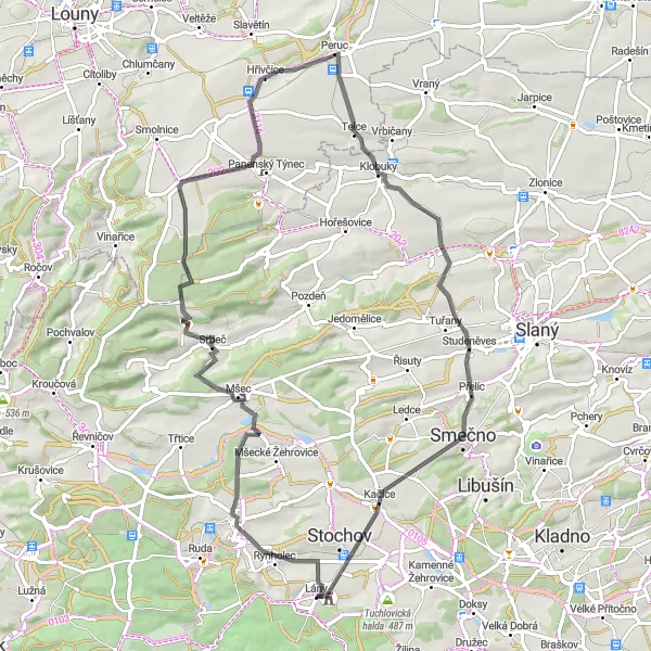 Miniaturní mapa "Road kolem Lána" inspirace pro cyklisty v oblasti Střední Čechy, Czech Republic. Vytvořeno pomocí plánovače tras Tarmacs.app