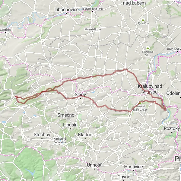 Mapa miniatúra "Hrubý terén po modrej trase" cyklistická inšpirácia v Střední Čechy, Czech Republic. Vygenerované cyklistickým plánovačom trás Tarmacs.app