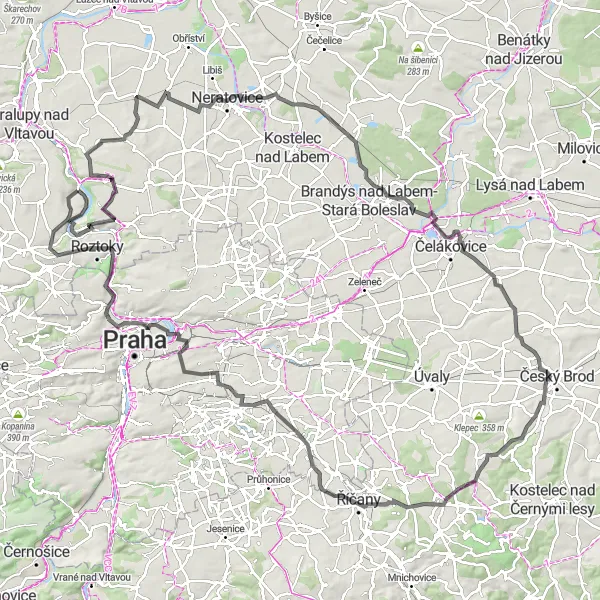 Miniaturní mapa "Prozkoumání Středních Čech na kole" inspirace pro cyklisty v oblasti Střední Čechy, Czech Republic. Vytvořeno pomocí plánovače tras Tarmacs.app