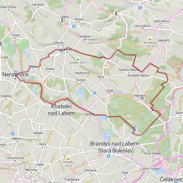 Mapa miniatúra "Na kopec a dole: Gravel trasá s krásnymi výhľadmi" cyklistická inšpirácia v Střední Čechy, Czech Republic. Vygenerované cyklistickým plánovačom trás Tarmacs.app