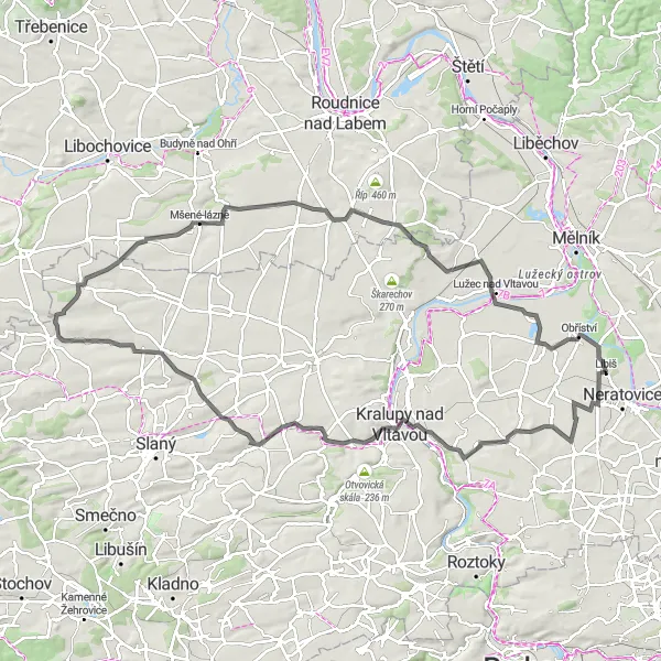 Map miniature of "Road Cycling Challenge" cycling inspiration in Střední Čechy, Czech Republic. Generated by Tarmacs.app cycling route planner
