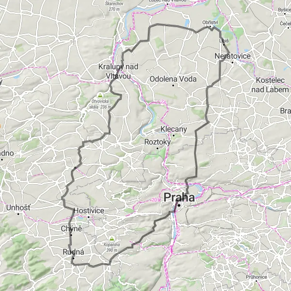 Map miniature of "Historical Tour of Střední Čechy" cycling inspiration in Střední Čechy, Czech Republic. Generated by Tarmacs.app cycling route planner