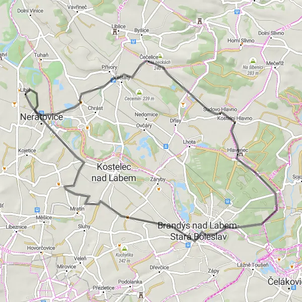 Mapa miniatúra "Road cyklo trasa cez Konětopy" cyklistická inšpirácia v Střední Čechy, Czech Republic. Vygenerované cyklistickým plánovačom trás Tarmacs.app