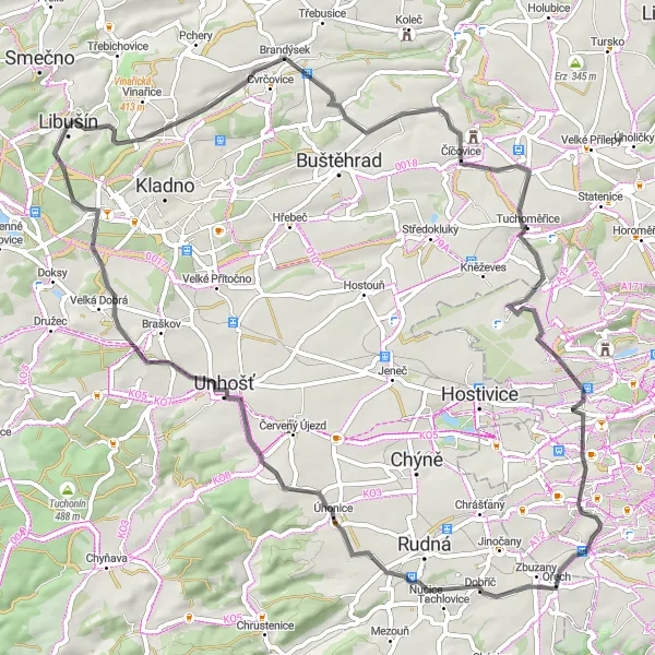 Miniaturní mapa "Okruh kolem Libochoviček a Kyšic" inspirace pro cyklisty v oblasti Střední Čechy, Czech Republic. Vytvořeno pomocí plánovače tras Tarmacs.app