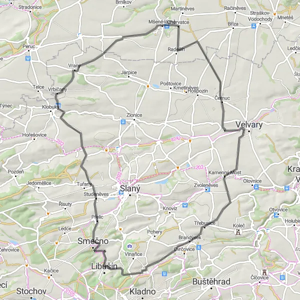 Mapa miniatúra "Okruh s kultúrnymi a historickými miestami" cyklistická inšpirácia v Střední Čechy, Czech Republic. Vygenerované cyklistickým plánovačom trás Tarmacs.app