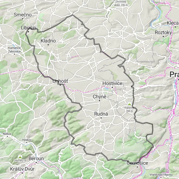 Miniaturní mapa "Cyklotrasa sem" inspirace pro cyklisty v oblasti Střední Čechy, Czech Republic. Vytvořeno pomocí plánovače tras Tarmacs.app