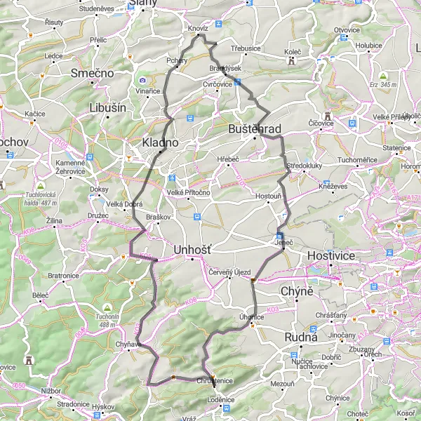 Mapa miniatúra "Cestná trasa cez Chrustenice" cyklistická inšpirácia v Střední Čechy, Czech Republic. Vygenerované cyklistickým plánovačom trás Tarmacs.app