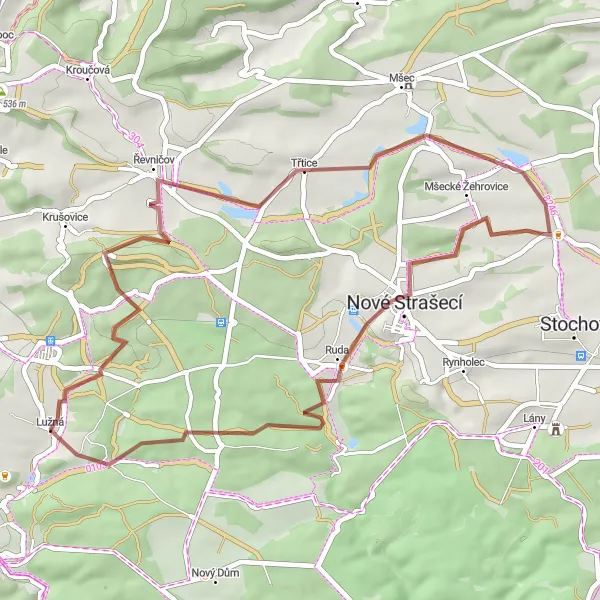 Mapa miniatúra "Gravelová trasa cez Louštín a Lodenice" cyklistická inšpirácia v Střední Čechy, Czech Republic. Vygenerované cyklistickým plánovačom trás Tarmacs.app