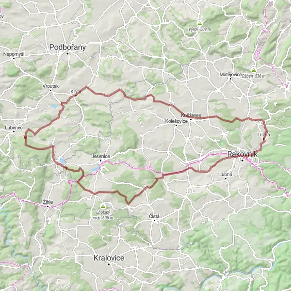 Miniatura mapy "Przejażdżka szlakiem gravel przez okolice Lužná" - trasy rowerowej w Střední Čechy, Czech Republic. Wygenerowane przez planer tras rowerowych Tarmacs.app