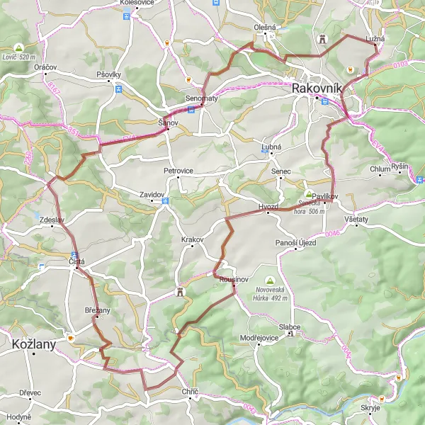 Miniaturní mapa "Gravelový okruh přes Seneckou horu" inspirace pro cyklisty v oblasti Střední Čechy, Czech Republic. Vytvořeno pomocí plánovače tras Tarmacs.app