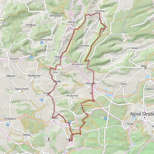 Mapa miniatúra "Gravelový výlet cez Hředle a Louštín" cyklistická inšpirácia v Střední Čechy, Czech Republic. Vygenerované cyklistickým plánovačom trás Tarmacs.app