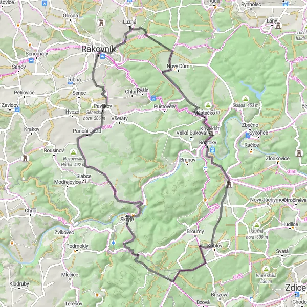 Miniaturní mapa "Okruh přes Homolku a Leontýnský zámek" inspirace pro cyklisty v oblasti Střední Čechy, Czech Republic. Vytvořeno pomocí plánovače tras Tarmacs.app