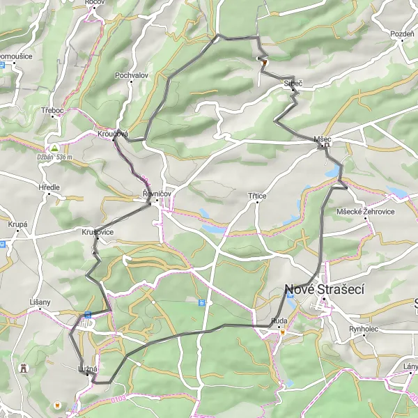 Miniaturní mapa "Okružní cyklotrasa Krušovice" inspirace pro cyklisty v oblasti Střední Čechy, Czech Republic. Vytvořeno pomocí plánovače tras Tarmacs.app