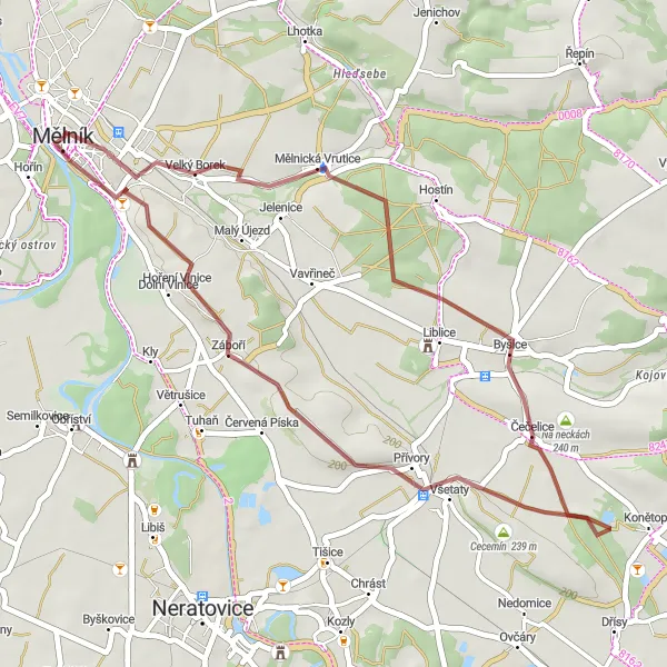 Miniaturní mapa "Gravel route from Mělník" inspirace pro cyklisty v oblasti Střední Čechy, Czech Republic. Vytvořeno pomocí plánovače tras Tarmacs.app