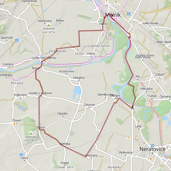 Miniaturní mapa "Gravelová cesta kolem Mělníka" inspirace pro cyklisty v oblasti Střední Čechy, Czech Republic. Vytvořeno pomocí plánovače tras Tarmacs.app