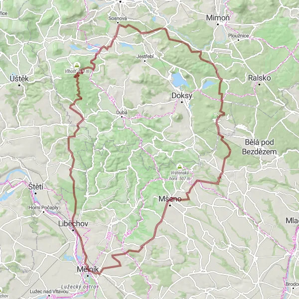 Mapa miniatúra "Gravelový okruh přes Bezděz a Skramouš" cyklistická inšpirácia v Střední Čechy, Czech Republic. Vygenerované cyklistickým plánovačom trás Tarmacs.app