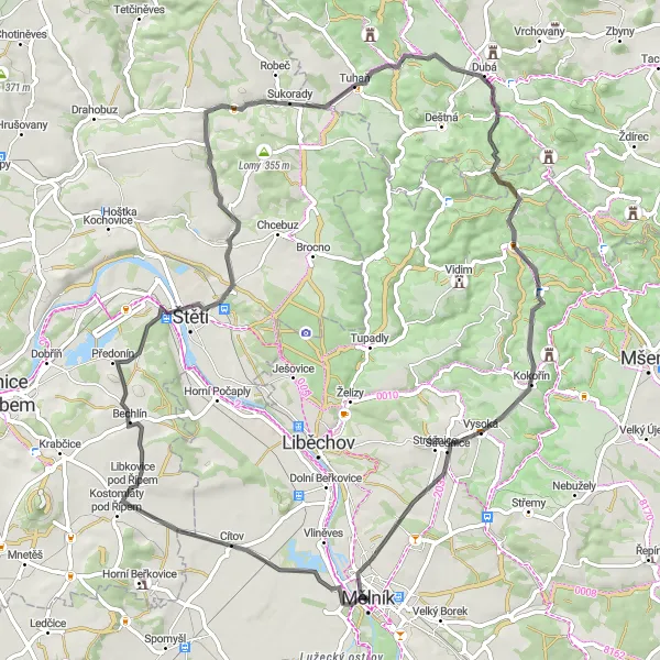 Mapa miniatúra "Okruh dookola Mělníka" cyklistická inšpirácia v Střední Čechy, Czech Republic. Vygenerované cyklistickým plánovačom trás Tarmacs.app