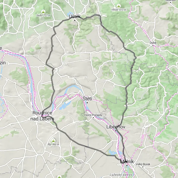 Map miniature of "The Liběchov Loop with Majestic Climb to Tuhaň" cycling inspiration in Střední Čechy, Czech Republic. Generated by Tarmacs.app cycling route planner