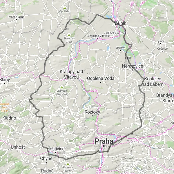 Miniaturní mapa "Scenic road route with cultural highlights" inspirace pro cyklisty v oblasti Střední Čechy, Czech Republic. Vytvořeno pomocí plánovače tras Tarmacs.app