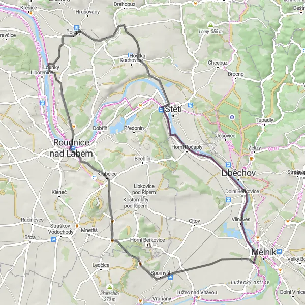 Miniaturní mapa "Scenic road route through Czech villages" inspirace pro cyklisty v oblasti Střední Čechy, Czech Republic. Vytvořeno pomocí plánovače tras Tarmacs.app