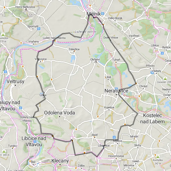 Miniaturní mapa "Okolím Mělníku - Road" inspirace pro cyklisty v oblasti Střední Čechy, Czech Republic. Vytvořeno pomocí plánovače tras Tarmacs.app
